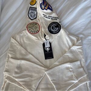 CROOKS & CASTLES Patched Hood Cream Color Men's L Oversized Pullover Hoodie NWT